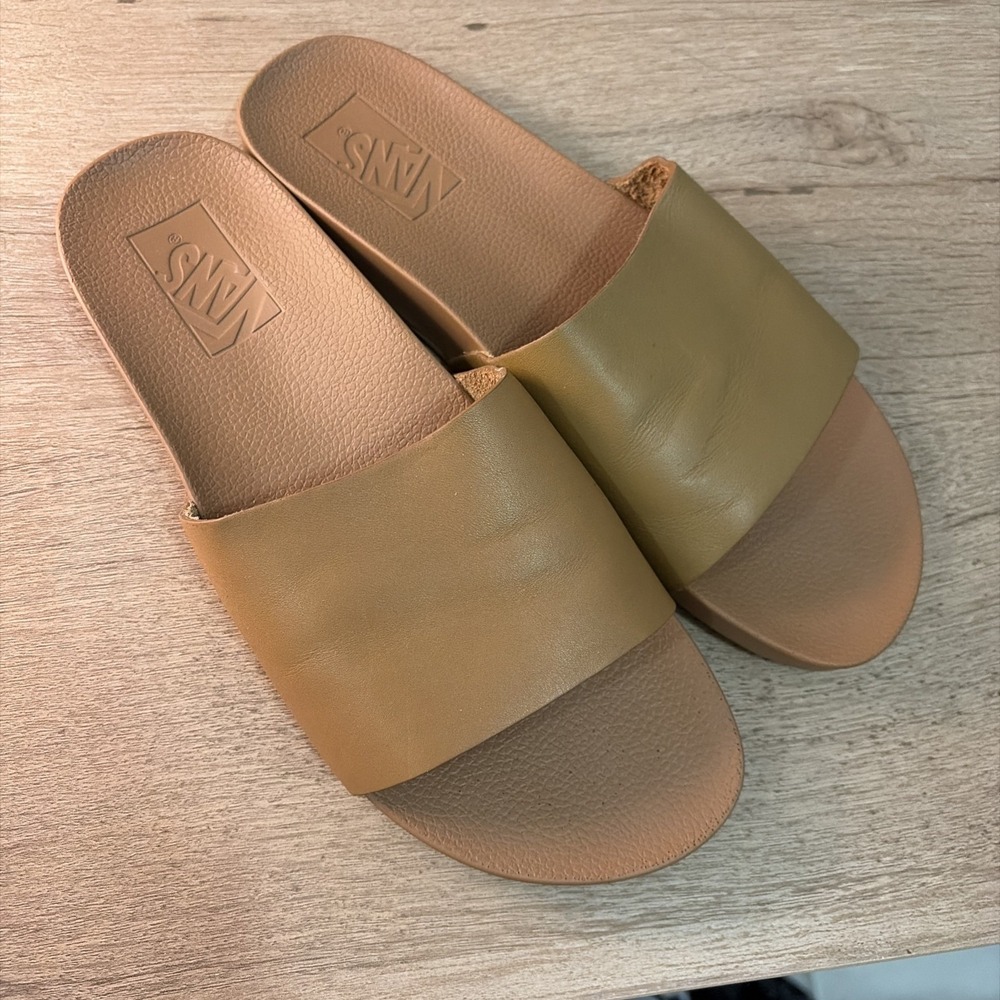 Vans La Costa Slide-On Sandals Brown Leather Strap Slip On Shoes Size 8